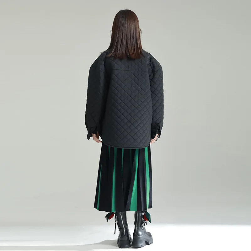 Black Rhombus Cotton Jacket Female Winter 2022 Retro Bow Coiled Buckle Loose Medium-Length Section Silhouette Jacket