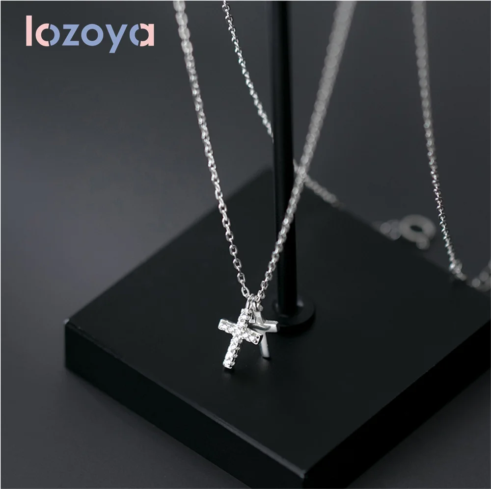 

Lozoya Women's 925 Sterling Silver Cross Necklace Simple Temperament Double Cross CZ Pendant Clavicle Chain Fine Fashion Jewelry