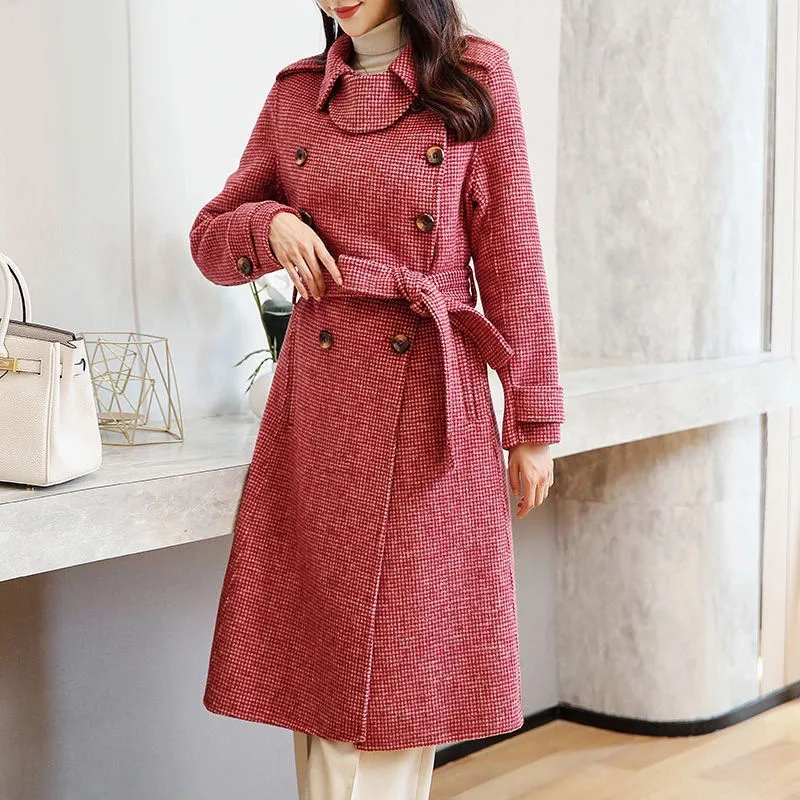 

Женское шерстяное двубортное пальто, Элегантное длинное шерстяное пальто с поясом, облегающая женская модная верхняя одежда, осень-зима 2023