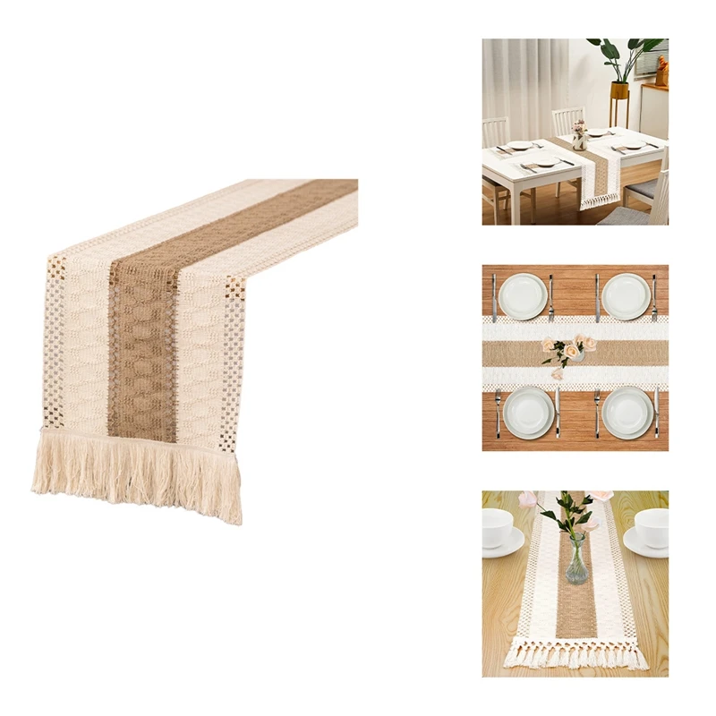 

Cream Beige Bohemian Style Table Towel With Tassel Hand Woven Cotton Linen Splicing Table Farmhouse Table Autumn Table