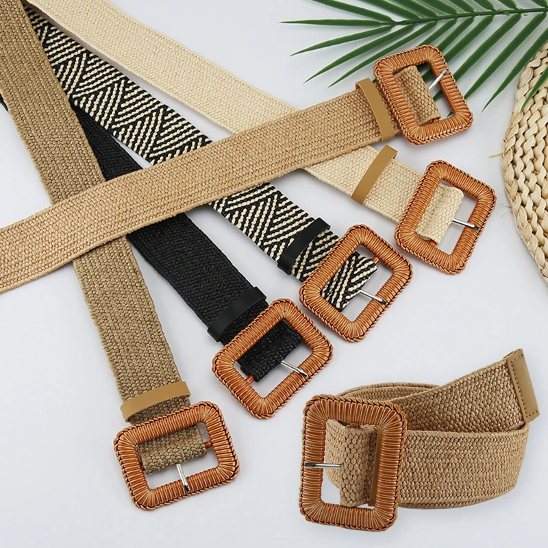 

Vintage Bohemian Straw Braided Wide Belt For Women Wood Buckle Ladies Dress Belt Fashion Female Strap Accessories