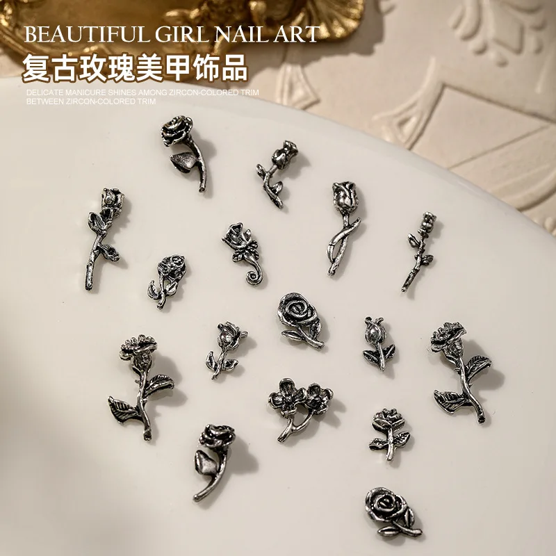 

10PC Vintage Series Flowers For Nail Charm Alloy Vintage Rose Metal Punk Accessories Style Nail Art Decorations DIY Design Nails