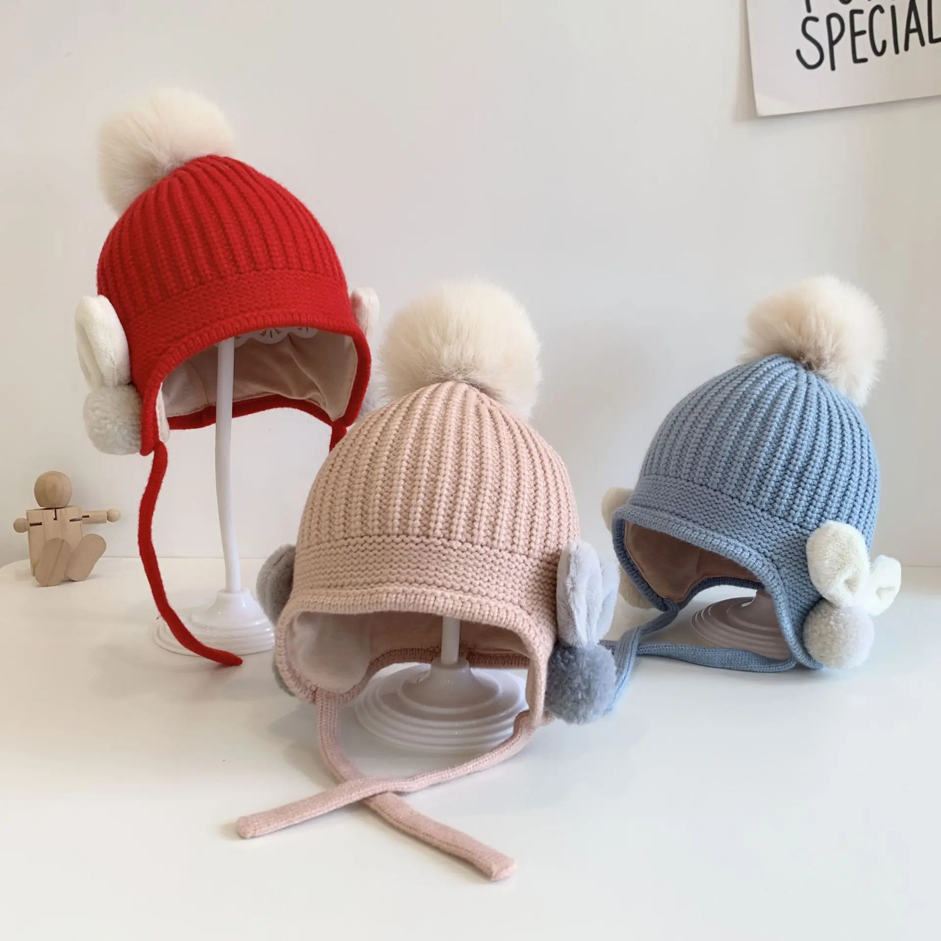 Baby Boys Girls Hat Kids Children Ear Flap Muff Hat Winter Warm Plush Cap Outdoor Newborn Beanie Hat Baby Knitting Hat 6-36 Mont