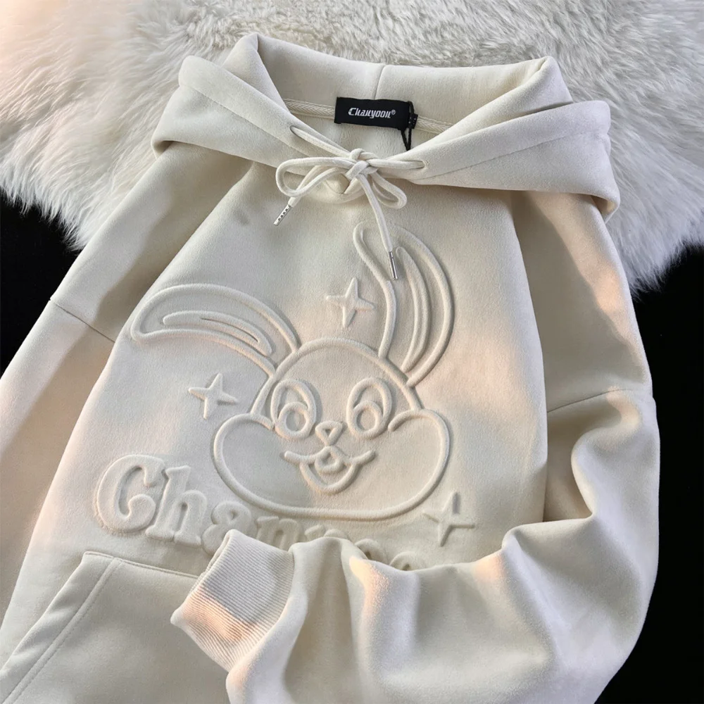 

American Cartoon Bunny Embossed Stamp Cute Hoodies Couples Pink Warm Winter Sweatshirt Oversized Loose Korean Harajuku Y2K Tops