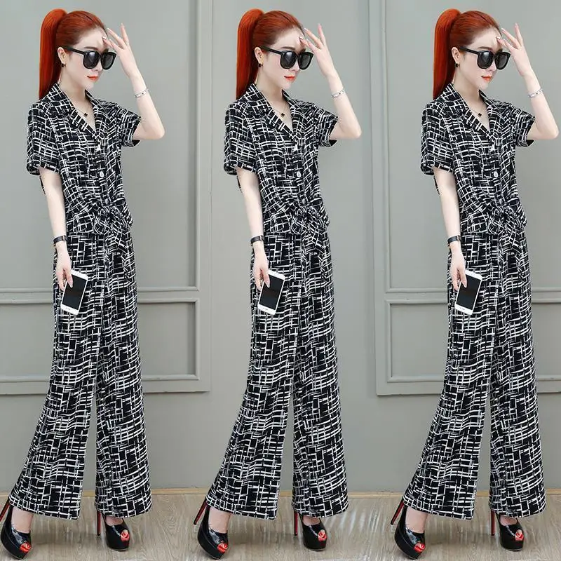 

Women's Suit 2023 Summer New Wide Leg Pants Outfits Female Short Sleeve Plaid Shirt Crop Top Ladies Two Piece Sets Clothing Y94