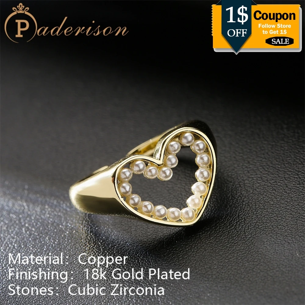 

Ins Style Personalized Love Hollow Heart Shape Pearl Opening Ring for Women Lovely 18k Gold-plated Copper Fashion Party Jewelry