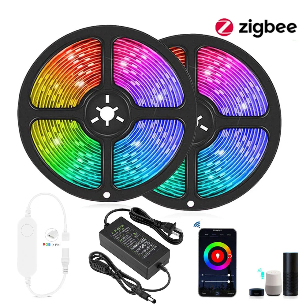 

Светодиодная лента Tuya Zigbee RGB 12 В, 1 м, 2 м, 3 м, 4 м, 5 м, 10 м, лампа с регулируемой яркостью, водонепроницаемая лента, комплект Smart Life APP fr Alexa Home Assistant