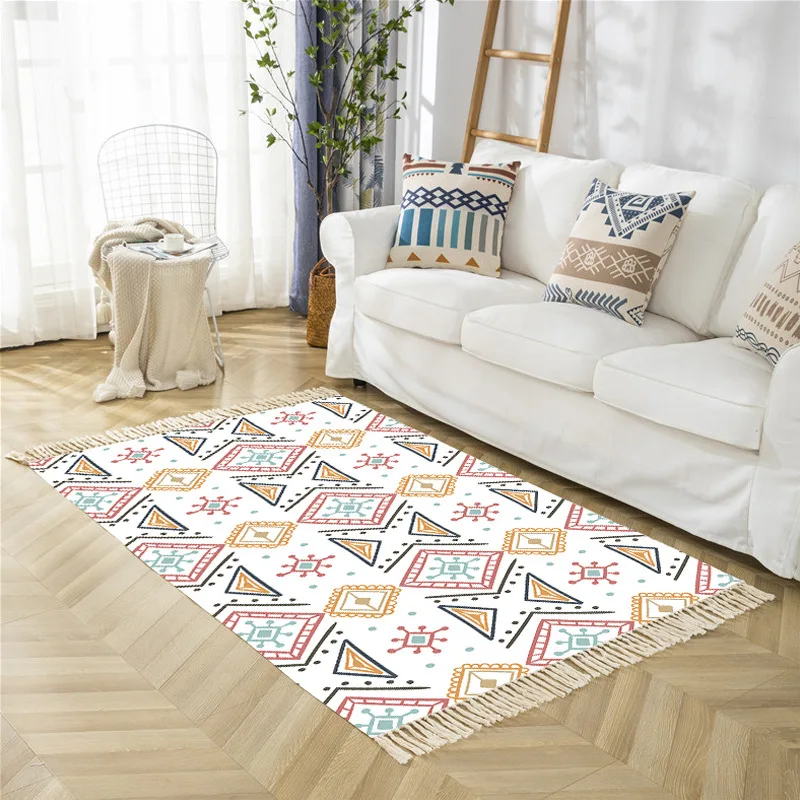 

BOHO Style Carpet 100x180cm Anti-slip Floormat Printed Cotton Linen Like Area Rugs for Livingroom Bedroom Rug Doormat Tassel