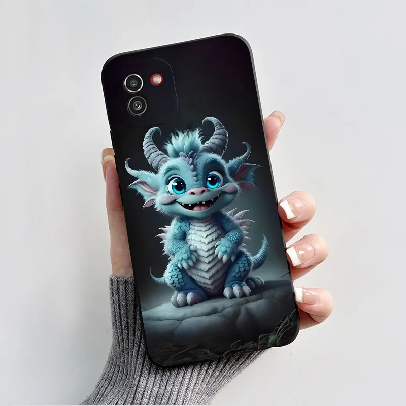 Мягкий силиконовый чехол для Samsung Galaxy A03 матовый черный с рисунком мифа