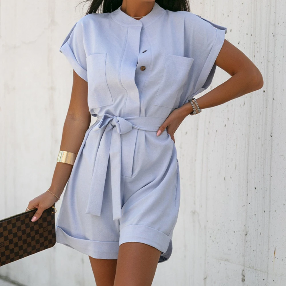 

Casual Women Shorts Jumpsuits Summer Short Sleeeve Solid Pockets Playsuits Casual Cotton Linen Single-Breasted Commuter Rompers