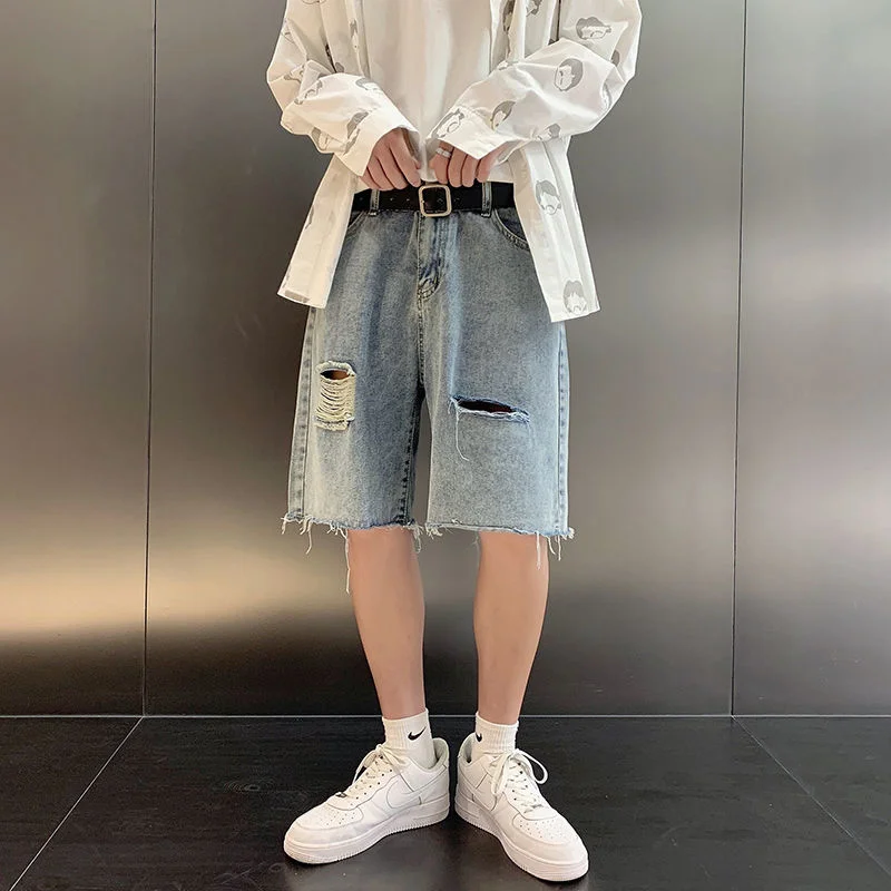 

Blue Ripped Denim Shorts Men Fashion Casual Summer Straight Denim Shorts Men Streetwear Loose Hip-hop Hole Jeans Shorts Men