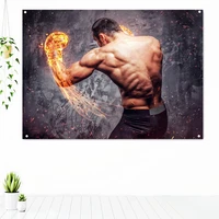 shirtless aggressive fighter with burning boxer exercise inspirational poster fitness workout artwork tapestry banner flag mural