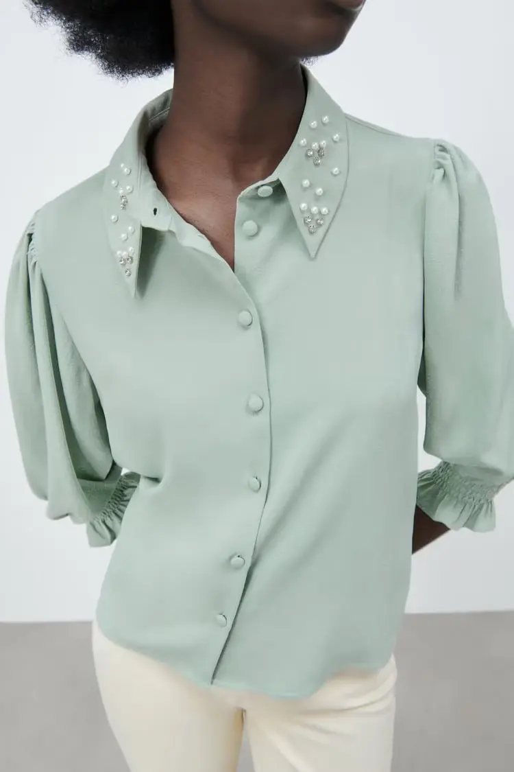 2022 summer new European and American Feng Shui diamond decorative Lapel shirt blouse |