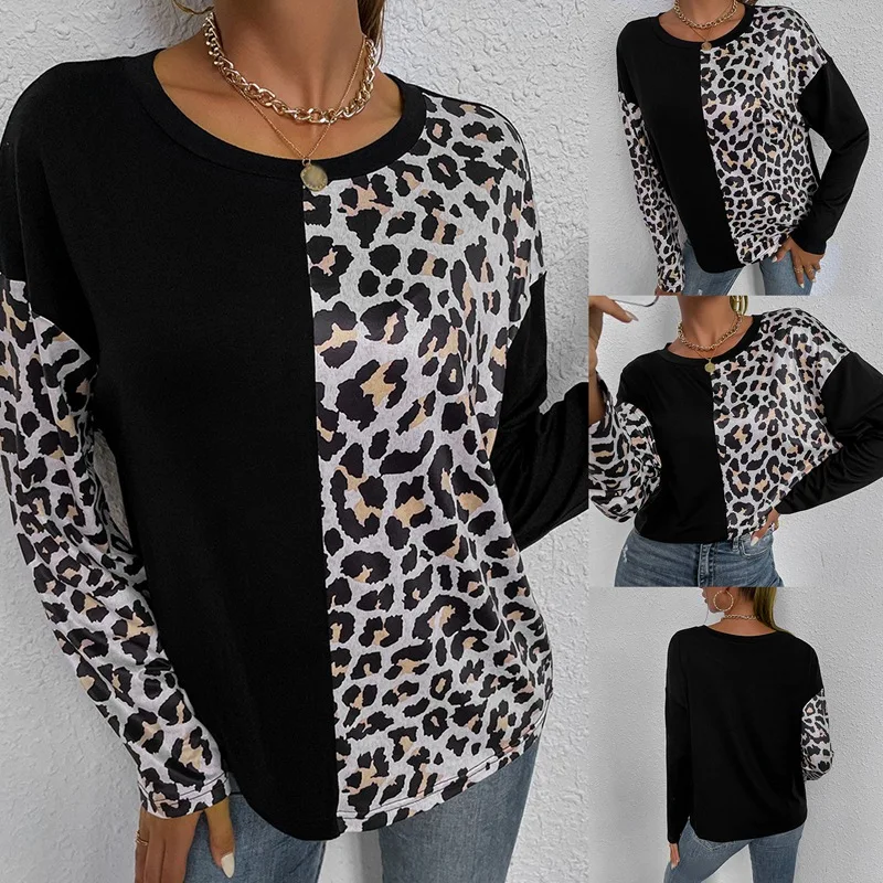 

Women's New Stitching Leopard Print Round Neck Long Sleeve Casual Loose T-Shirt Black