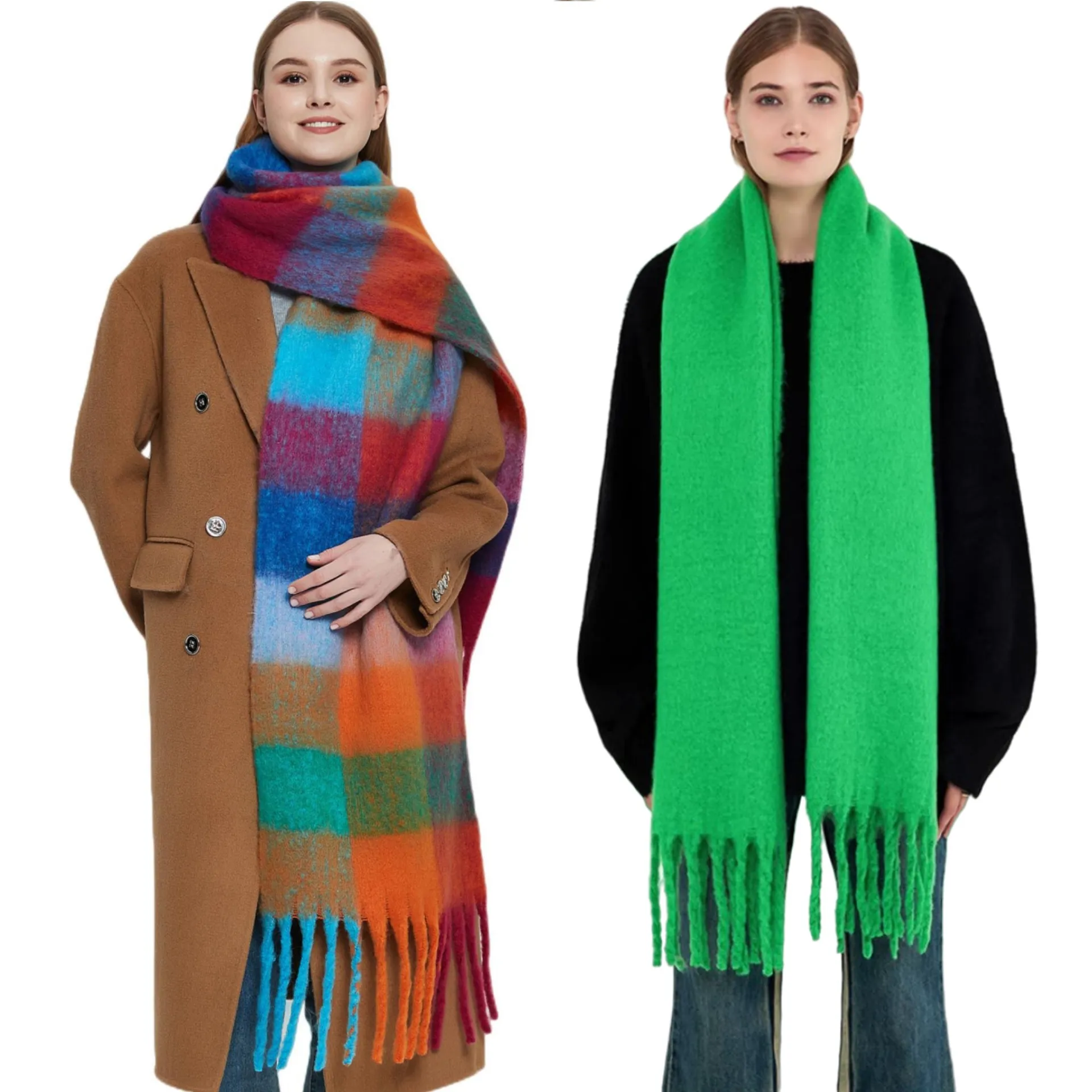 

2023 New Women Plaid Scarf Winter Pashmina Shawls Cashmere Thick Wraps Lady Tassel Warm Scarves Rainbow Hairy Bufanda