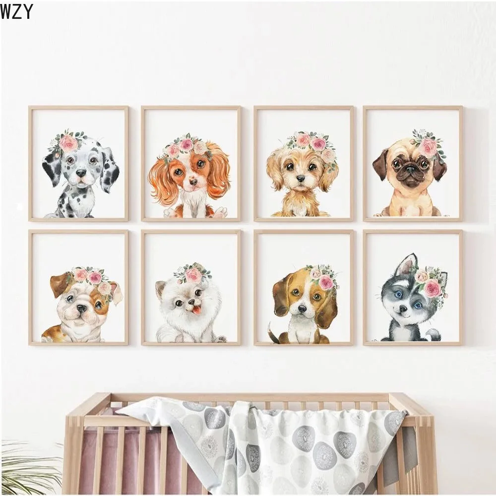 

Custom Name Nursery Wall Art Painting Personalized Baby Name Poster Print Puppy Dog Canvas ArtPainting Kids Room Wall Pictures