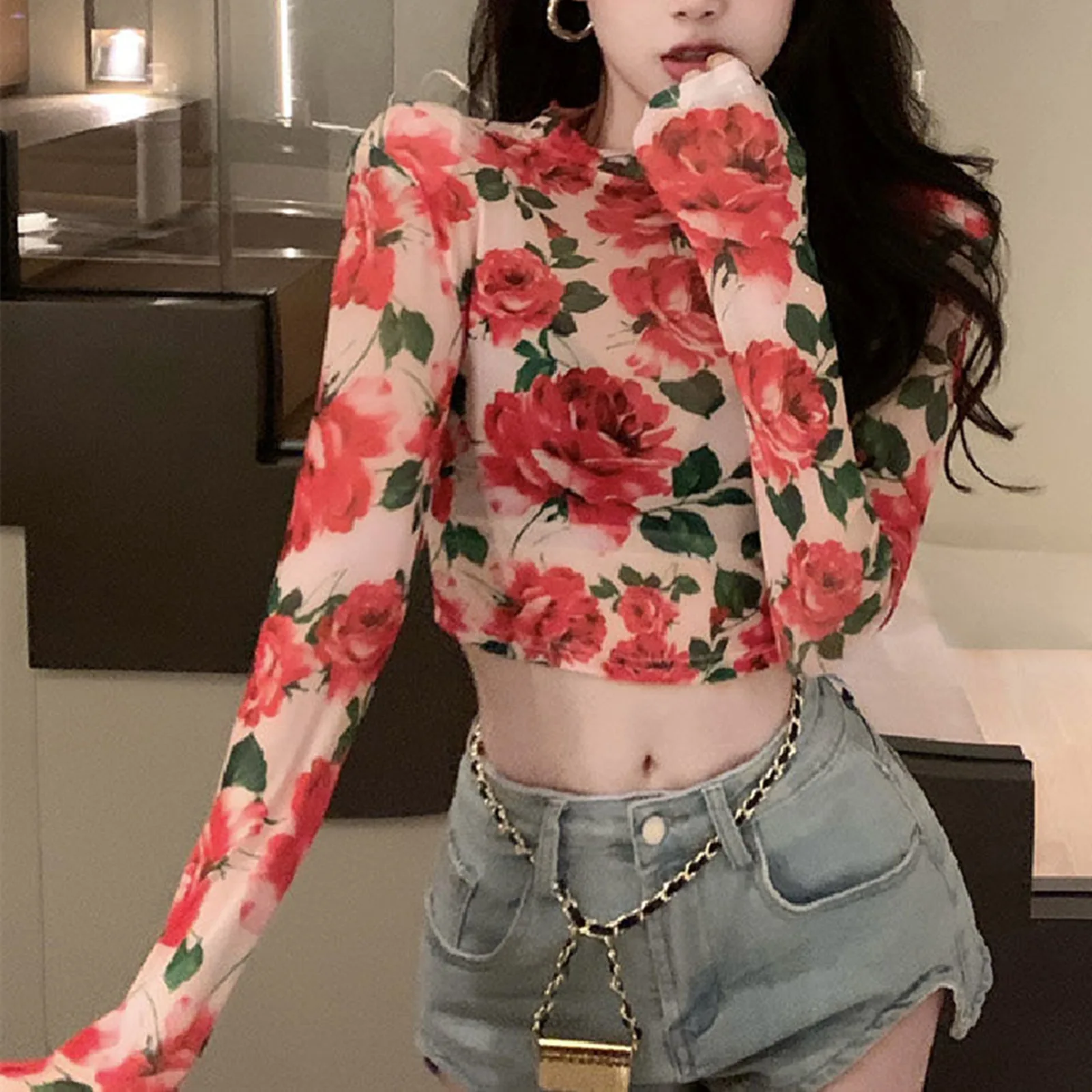 

Женская футболка с длинным рукавом и круглым вырезом, с цветочным принтом