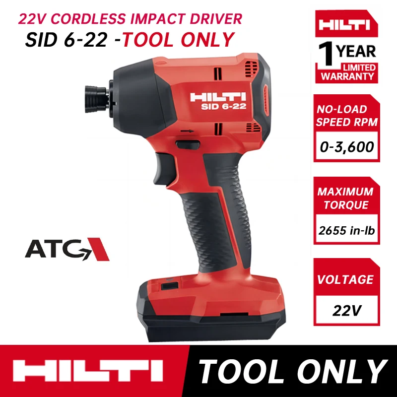 

HILTI SID 6-22 Cordless Impact Driver 22V Lithium-ion Battery Rechargable Power-class High-speed Brushless Motor Power Tool