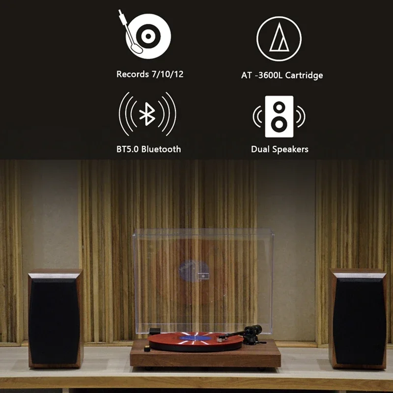 Фото Виниловый проигрыватель Walnut с Bluetooth, 3 скорости, ременной привод, Hi-Fi, картридж AT 3600, защитный чехол, ретро-фонограф №2