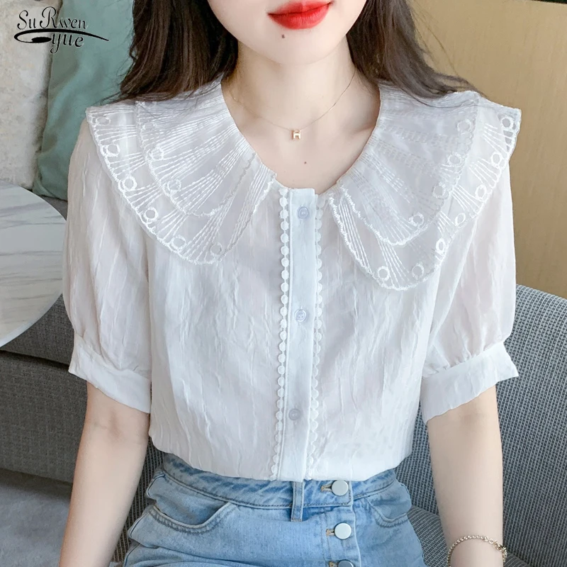 

New Fashion Peter Pan Collar Chiffon Blouse Women Summer Short Sleeve Buttons Women's Shirts White Female Clothing Blusas 22390