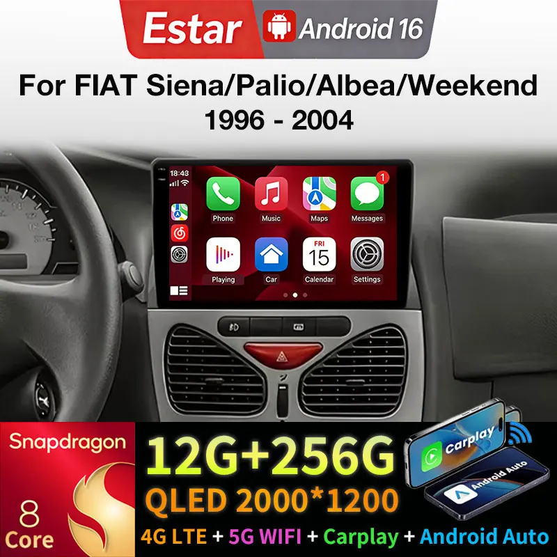 Фото Автомобильная мультимедийная система с поддержкой CarPlay для FIAT Siena/Palio/Albea/Weekend 1996-2004, Android 16, автомагнитола, видео, стерео, GPS, 2din, головное устройство №1