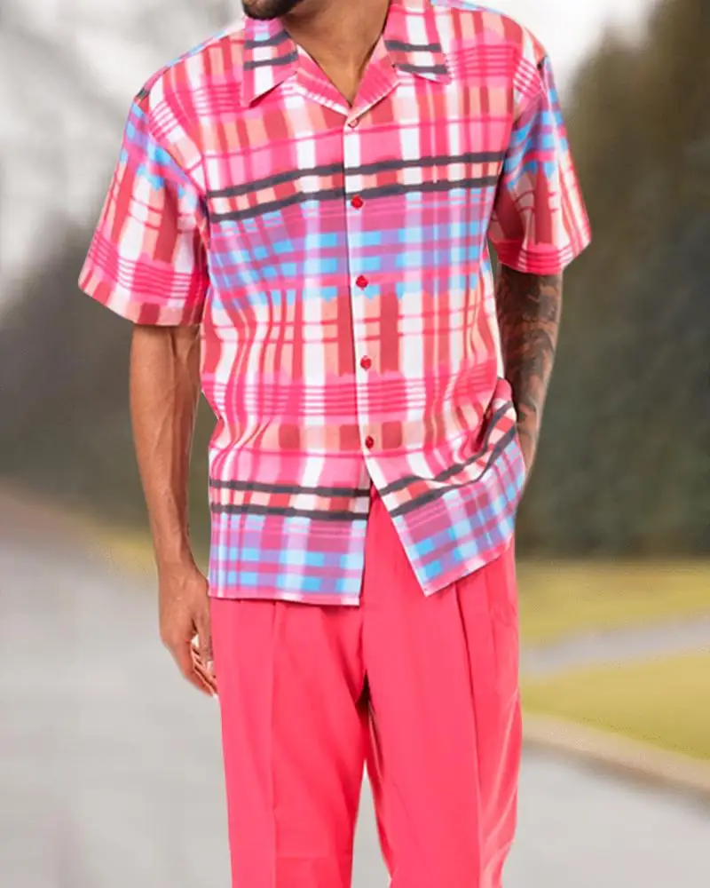 Men's short sleeve button shirt slim 3D travel shirt men's casual style jacket+suit pants fashion casual two-piece 4XL summer