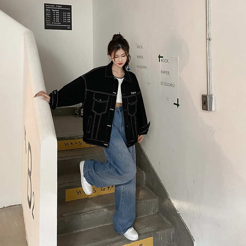 

Женское джинсовое пальто с вышивкой, джинсовое пальто большого размера с яркой линией, широкая модель, Осень-зима 2022