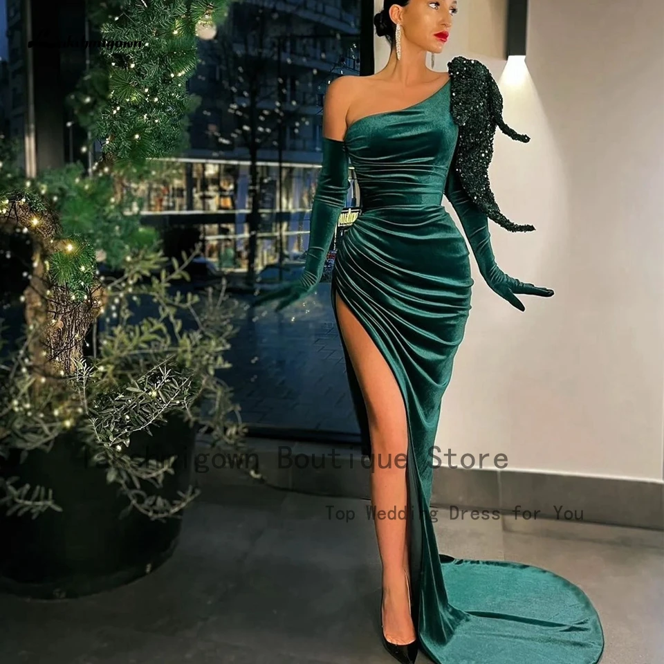 

Женское вечернее платье на одно плечо, темно-зеленое бархатное длинное платье с высоким разрезом для выпускного вечера, 2023