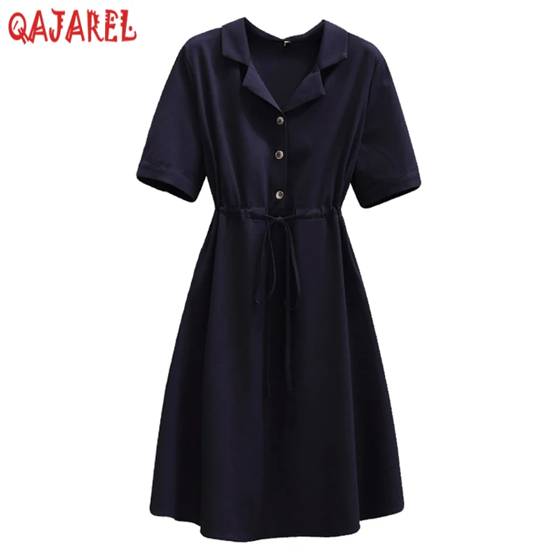 

Summer Short Sleeve Polo Collar Midi Dress Women Korean Vintage Hepburn Casaul Dress 2022 New Elegant Bodycon Office Lady Dress