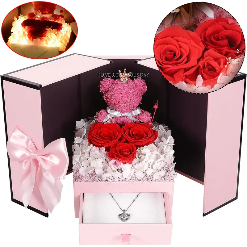 

Valentine's Day Eternal Flower Soap Rose Jewelry Box with Bear Deer Romantic Surprise Gift for Wife Girlfriend Birthday Wedding