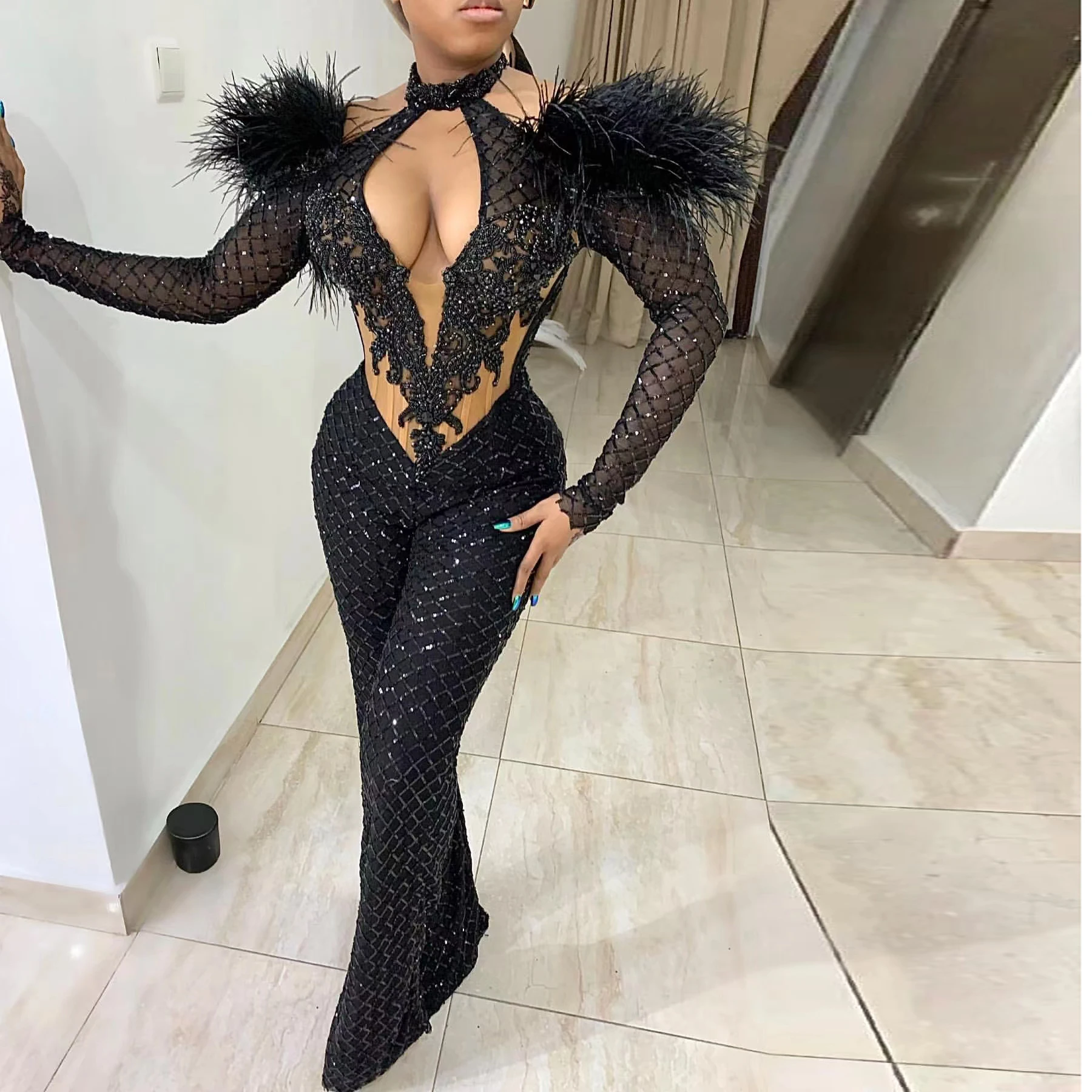 

Black Bodycon Jumpsuit Sequined Feathers Beading Long Sleeve High Neck Sexy Formal Prom Party Bodysuit For Women