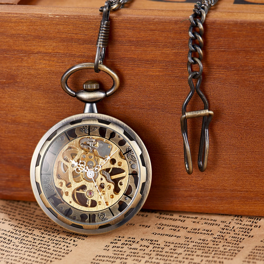 Vintage New Mechanical Pocket Watch FOB Chain Classic Steampunk Roman Dial Skeleton Black Hollow Men Pocket Watch Male Clock