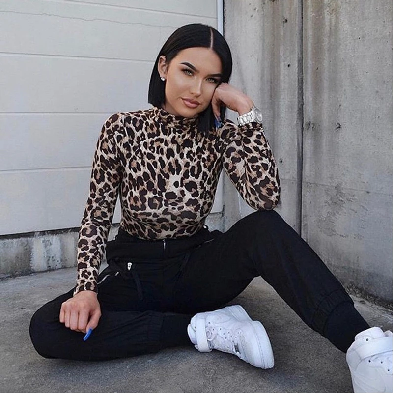 

NEW Fashion Women Sexy Bodysuit Long Sleeve Leopard Snake Skin Printed Rompers Stand Neck Club Party Jumpsuit
