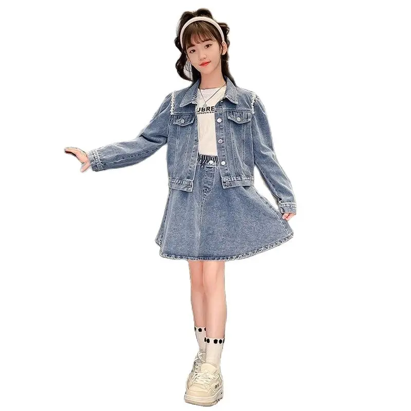 

Комплект одежды для девочек-подростков, Модная Джинсовая куртка и короткая юбка, повседневный пиджак, топ для детей 8, 10, 12, 14Y, на весну и осен...