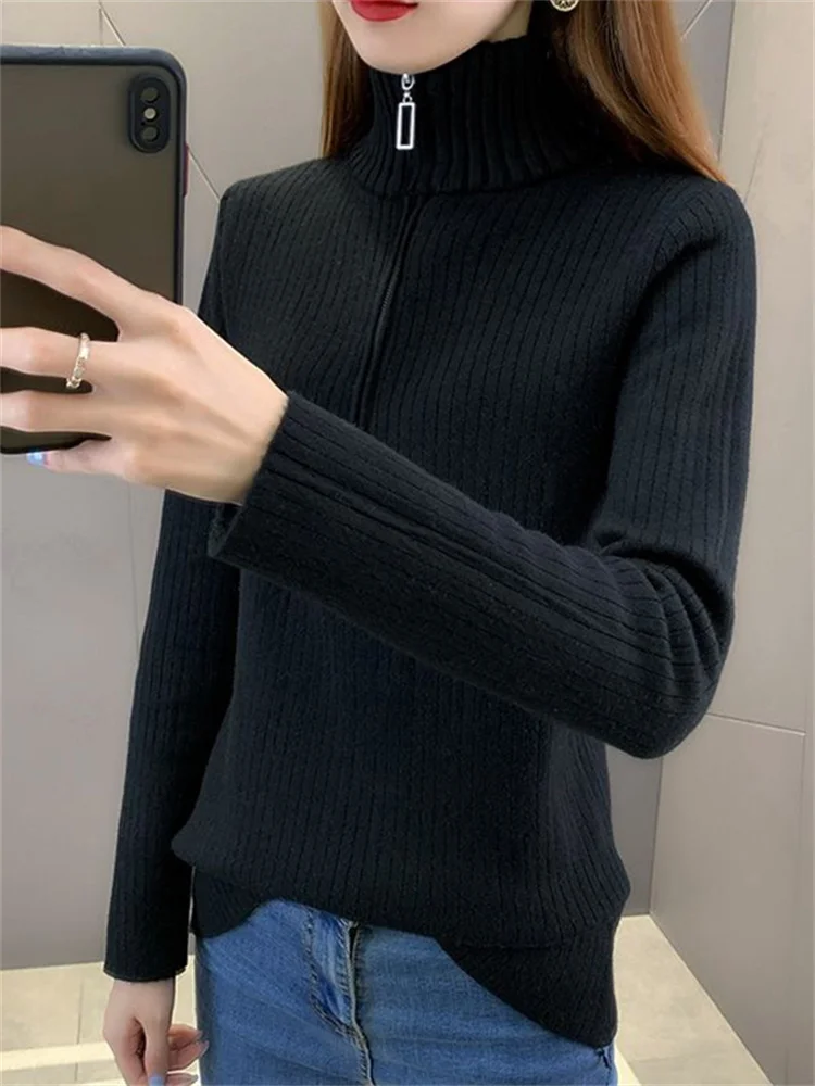 Fleece-lined Sweater Women Autumn and Winter Fashion Zip-up Turtleneck Design Integrated Velvet Bottoming Shirt Inner wear Th...