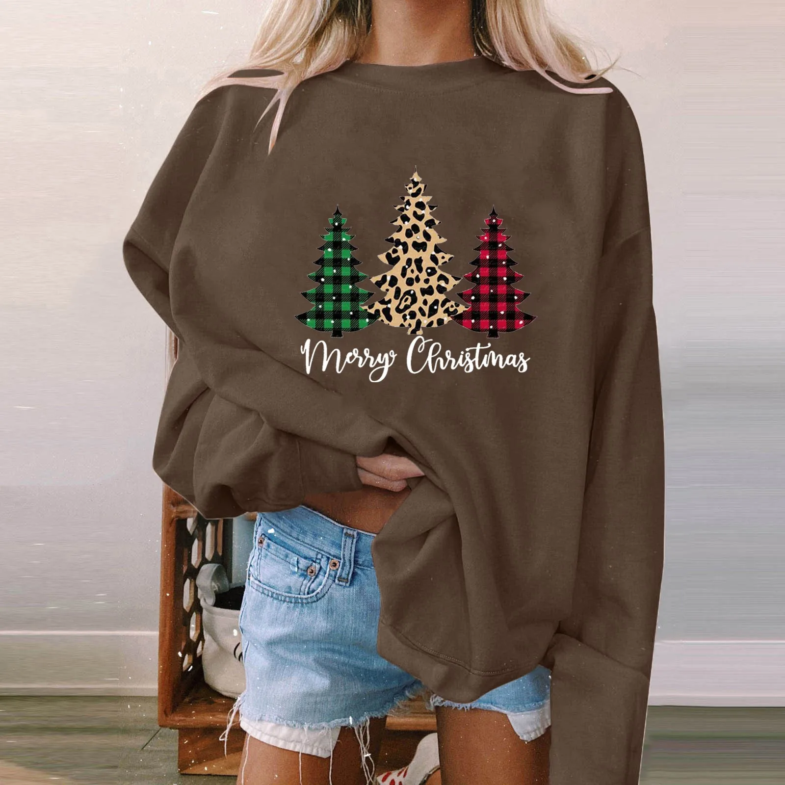 

Christmas Womens Long Sleeve Solid Sweatshirts Casual Cute Top Long Sleeve Loose Round Neck Fashion Sweatshirts Cotton Set Women
