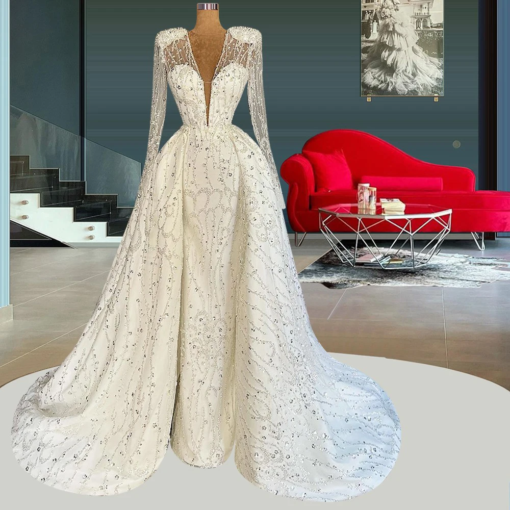 

Evening Dress for Women Long Sleeve Floor Length V Neck Appliques Formal Occasion Sweep Train Elegant Prom Gown Luxury 2023
