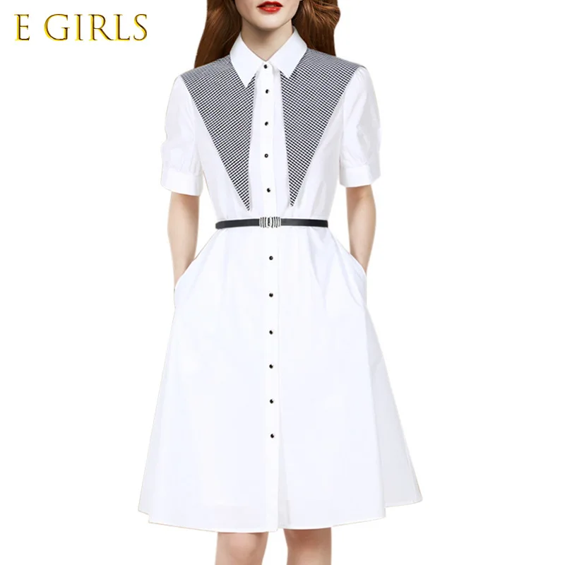 E GIRLS 2022 Summer New British Style Design Stitching Two-color Women's Long Skirt Temperament Elegant Office Buckle Dress