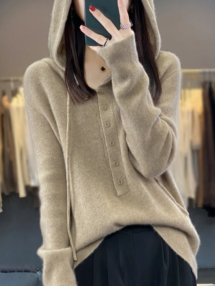 Модный женский свитер с капюшоном на весну и осень пуловер длинным рукавом 100%