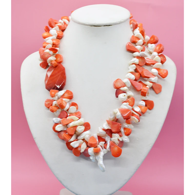 

Rare, 2 rows of natural coral and natural baroque pearls, semi gem necklace. The most classic bridal wedding jewelry. 20"