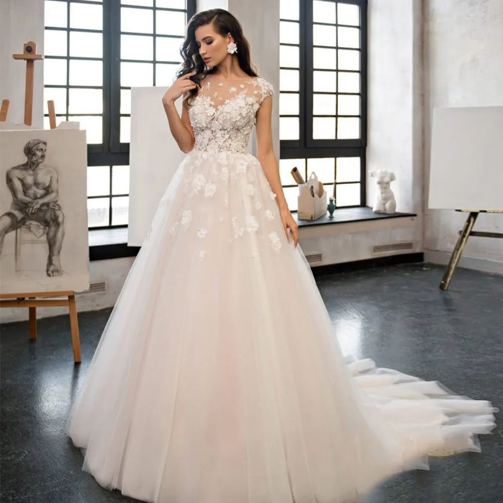 

Short Sleeves Wedding Dresses For Bride 2022 O-Neck Zipper A-Line Tulle Bridal Gown Boho 3D Flowers Vestido De Novia Custom Made
