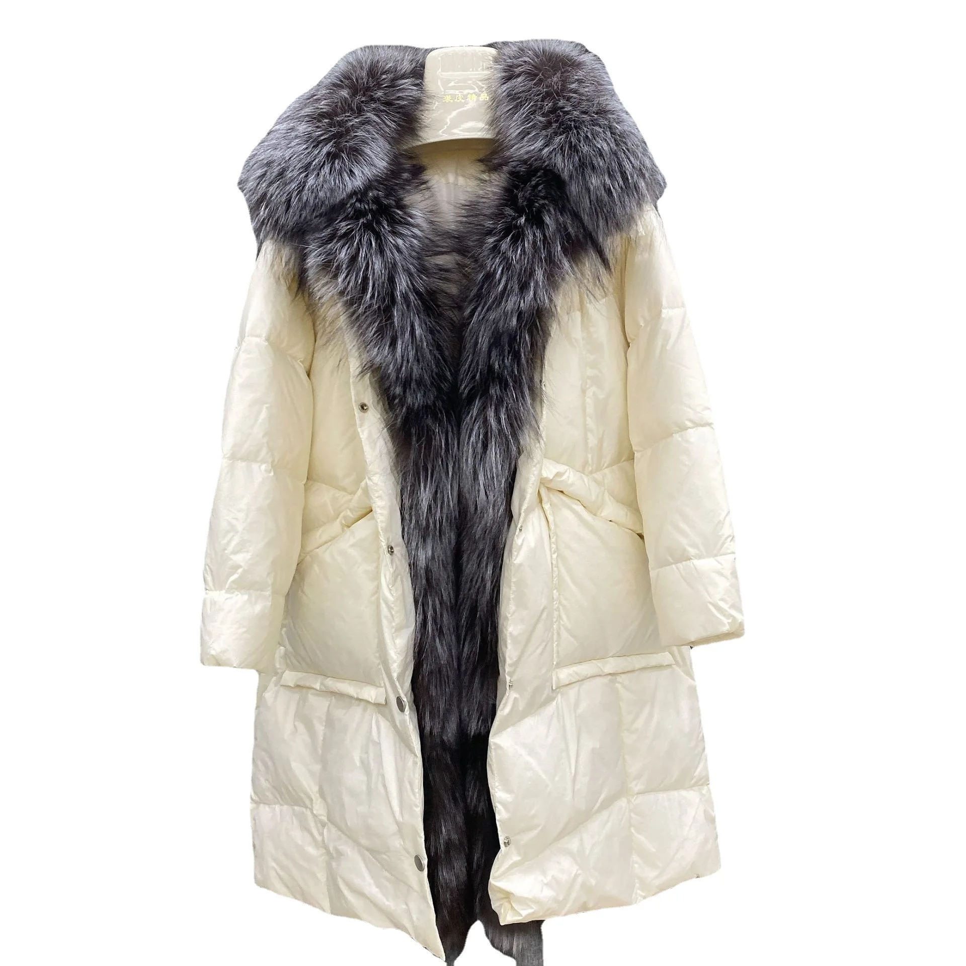 Women's Mid-Length Fashion White Goose down Coat Leather Fur Coat Winter Thickened Goose down Big Fur Collar down Jacket enlarge