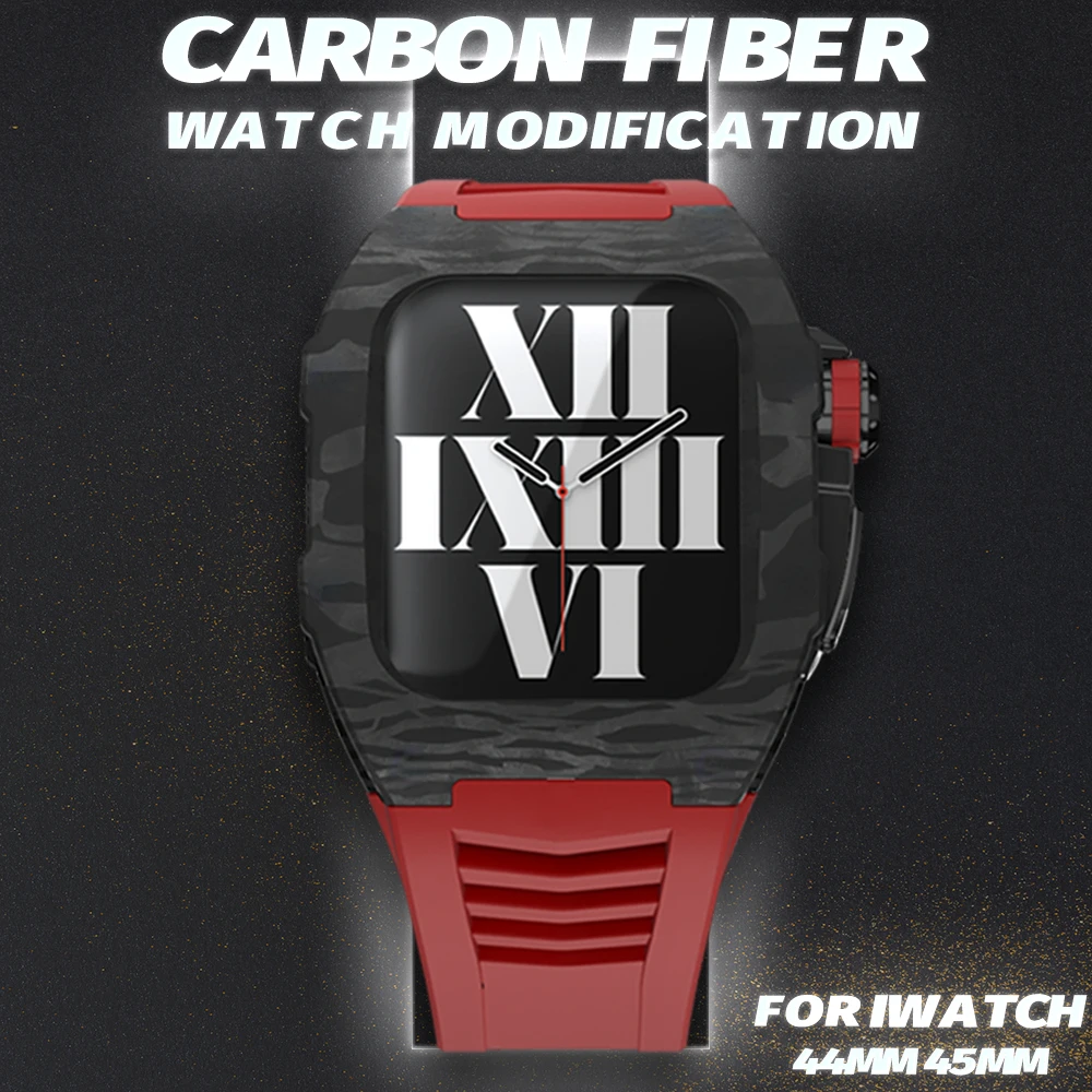 Carbon Fiber Case Modification KIT for Apple Watch 7 44mm 45mm Carbonfiber Bezel for IWatch 7 6 SE 5 4 3 Fluoro Rubber Watchband