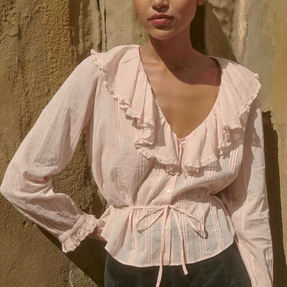 

23 French Vintage Ruffle V-Neck Loose Tie Waist Cardigan Tops Long Sleeve Shirt Women