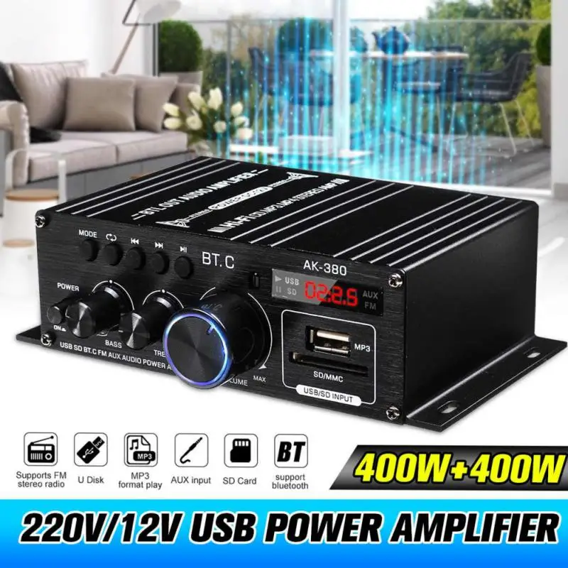 

Hot AK380 800W Bluetooth Amplifier Audio Karaoke Home Theater Amplifier 2 Channel Power Class D Amplifier USB SD AUX BT Receiver