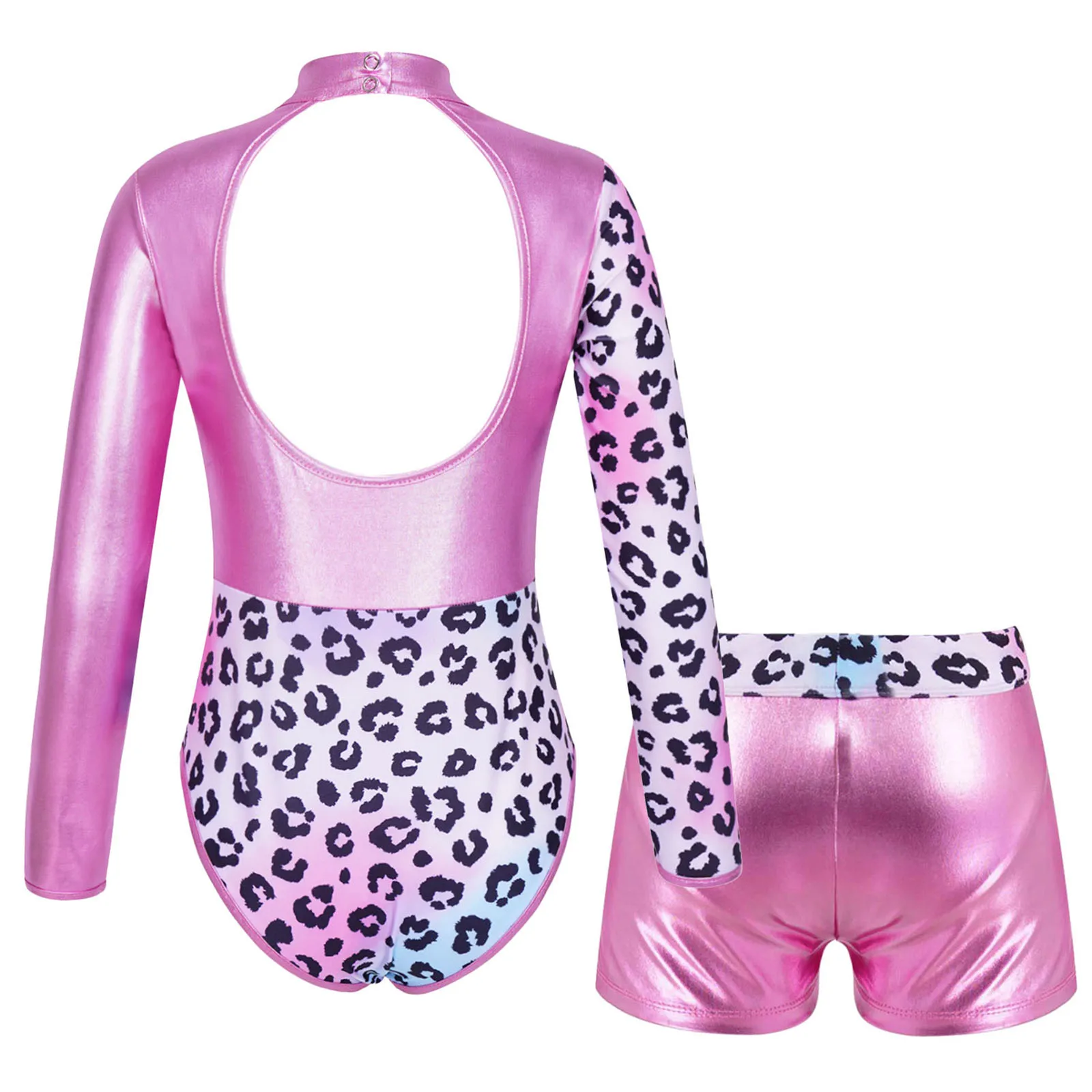 Kids Girls Ballet Leotard Gymnastics Dance Costumes Long Sleeve Printed Cutout Back Sports Yoga Ice Skating Bodysuit with Shorts