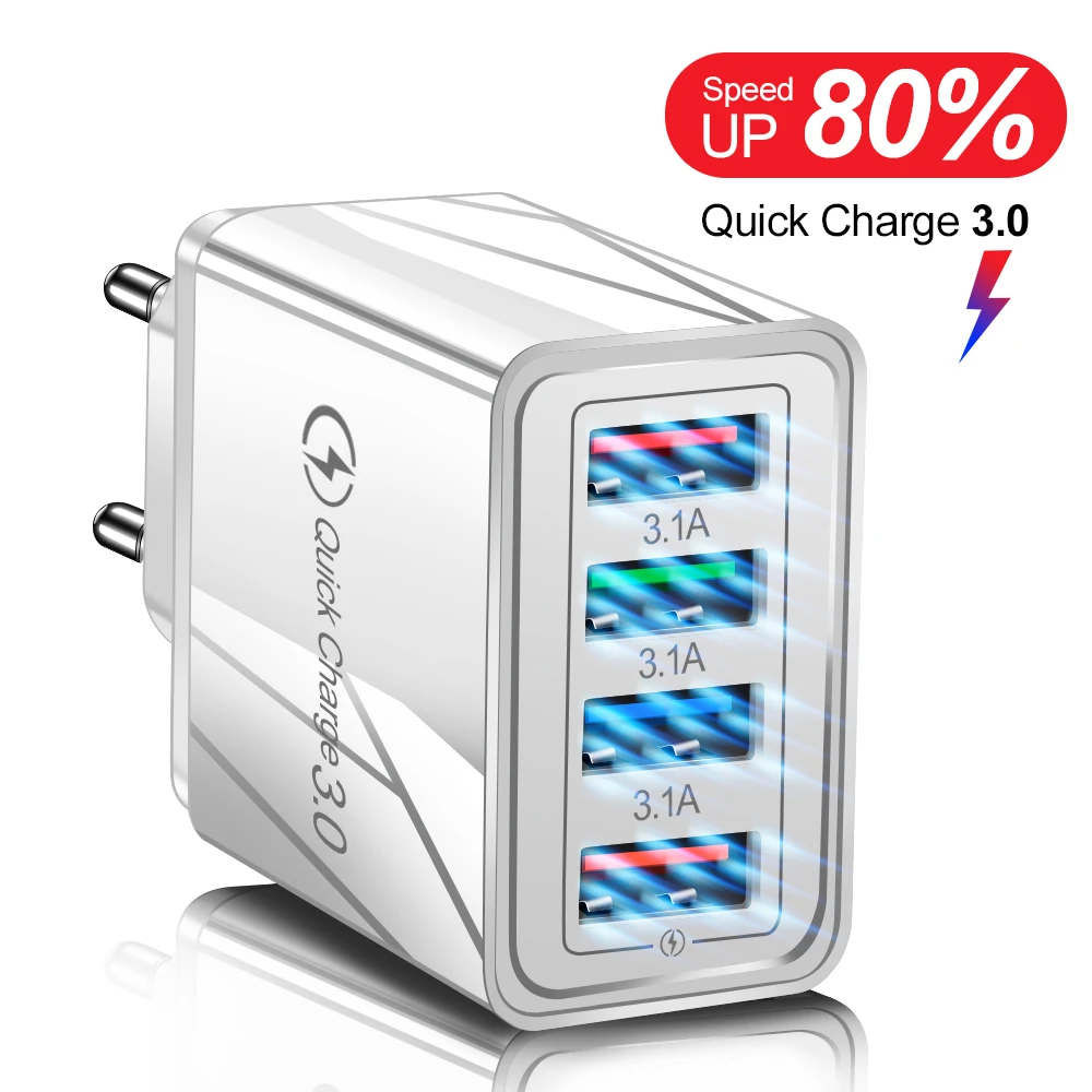 

4 Ports USB Charger Fast Charging For iPhone 14 13 12 11 Pro Max Xiaomi Oneplus Support QC3.0 Quick Charge Cellphone Adapter