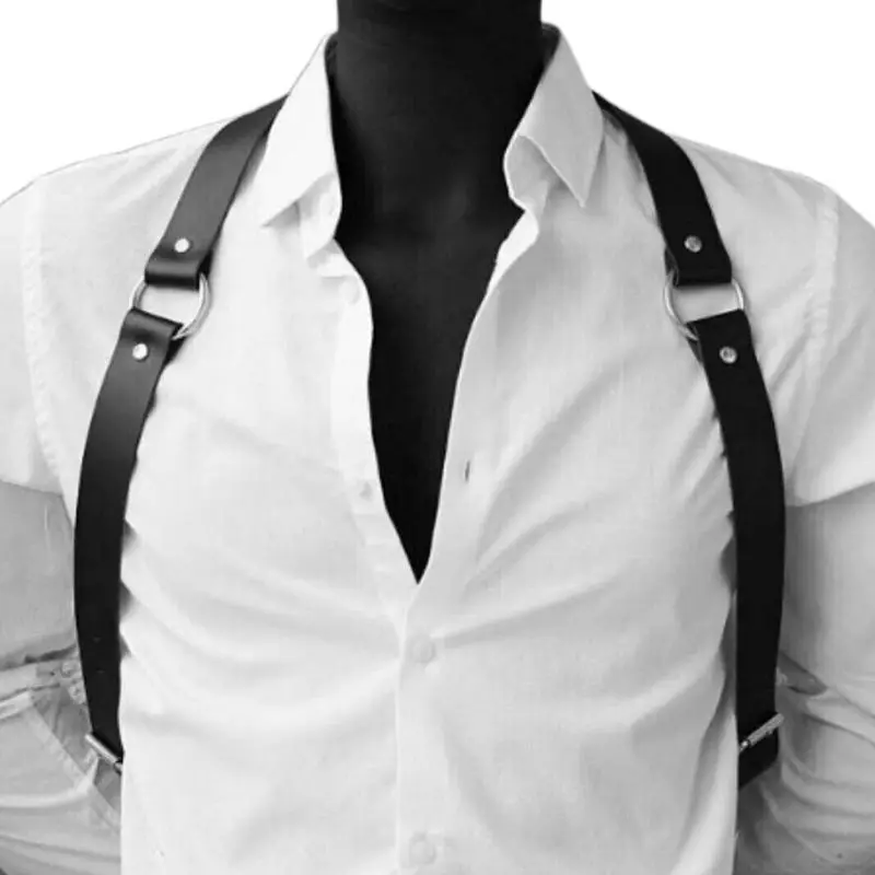 

F42F Men Adjustable Faux Leather Body Chest Harness Suspender Belt with Bucles O-Ring