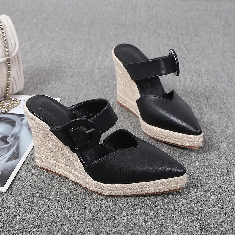 RYAMAG Wedge Slippers Heel Thick Bottom New Summer Buckle Women's Shoes High Straw Woven Hemp Rope Sole Large Size |