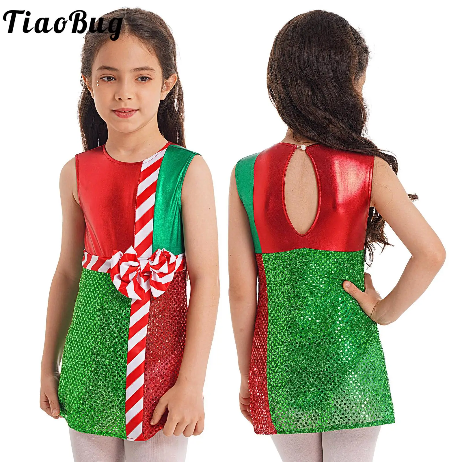 

Tiaobug Kids Girls 6-16 Christmas Style Striped Dress Color Block Sleeveless Skirt Jumpsuit with Shiny Layer for Party Costumes
